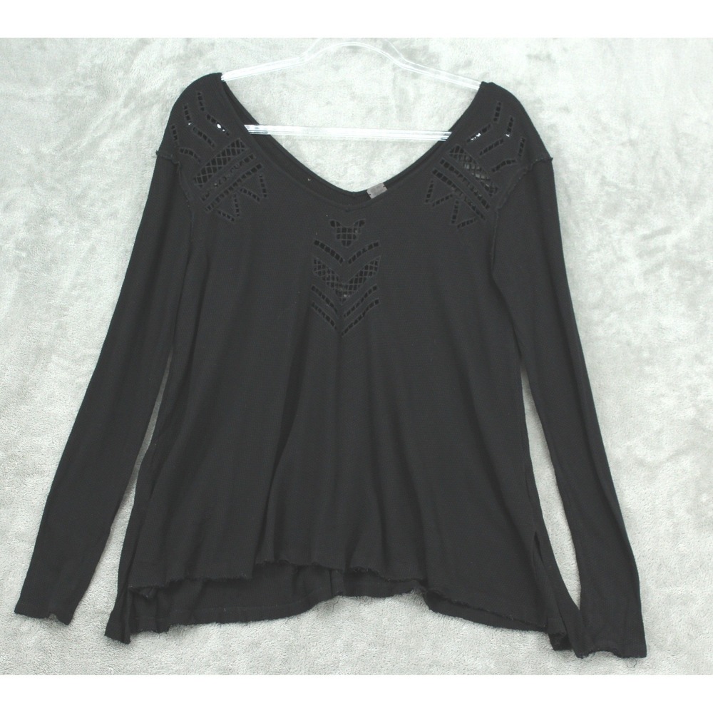 We The Free People Shirt Women Small Thermal Cutout‎ Low Neck Relaxed Knit Boxy